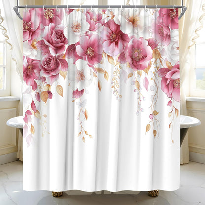 Pink and White Floral Shower Curtain Pink Flower Watercolor Plant Rose Eucalyptus Leaf Spring Summer Botanical Fabric Bathroom Curtain Set with Hooks