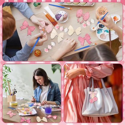 Saypacck 24 Pcs Pink Bow Party Favors Wooden Painting Craft Kits Birthday Party Supplies with Organza Bag for Goodie Bags Fillers Adult Thank You Gifts
