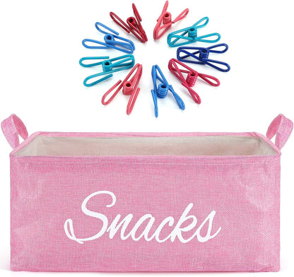 Newtay 17 Pcs Snack Basket Sets, Snack Storage Bin for Pantry Shelves with 16 Pcs 2 Inch Chip Clips, Basket Organizer for Kitchen Home, Chips, Popcorn, Candy, Pretzels (Pink,Burlap)