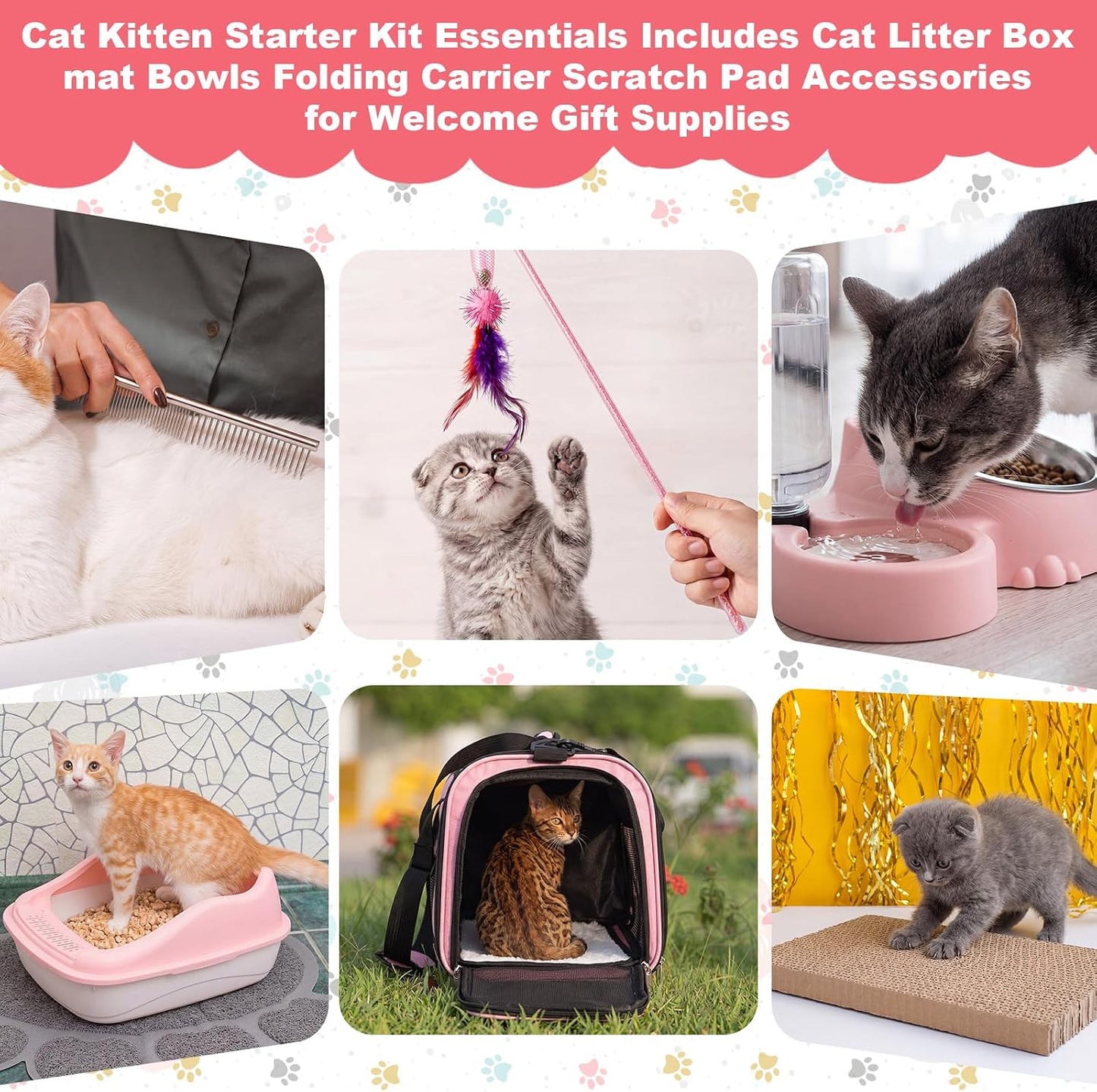 8 Pcs Kitten Supplies Starter Kit, Cat Kitten Starter Kit Essentials Includes Cat Litter Box mat Bowls Folding Carrier Scratch Pad Accessories for Welcome Gift Supplies(Pink)