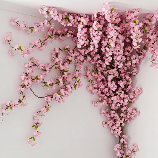 Tigeen 24 Stems Artificial Cherry Blossom Tree with 2 Vines and 100 Zip Ties Pink Blossom Tree for 3D Garden Wedding Wall Home Patio Fence Decor