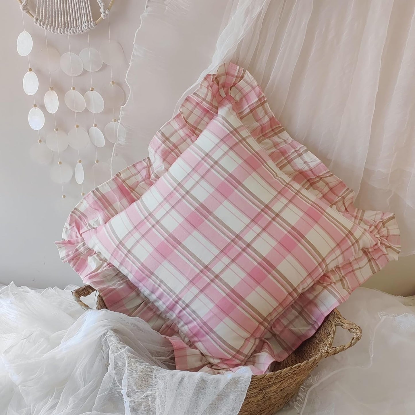 Pink Plaid Throw Pillow Covers, 100% Cotton Ruffle Edge Cushion Covers, Farmhouse Shabby Decorative Chic Pillowcases for Living Room Sofa Bedroom Girls Room, 18x18 Inch Set of 2