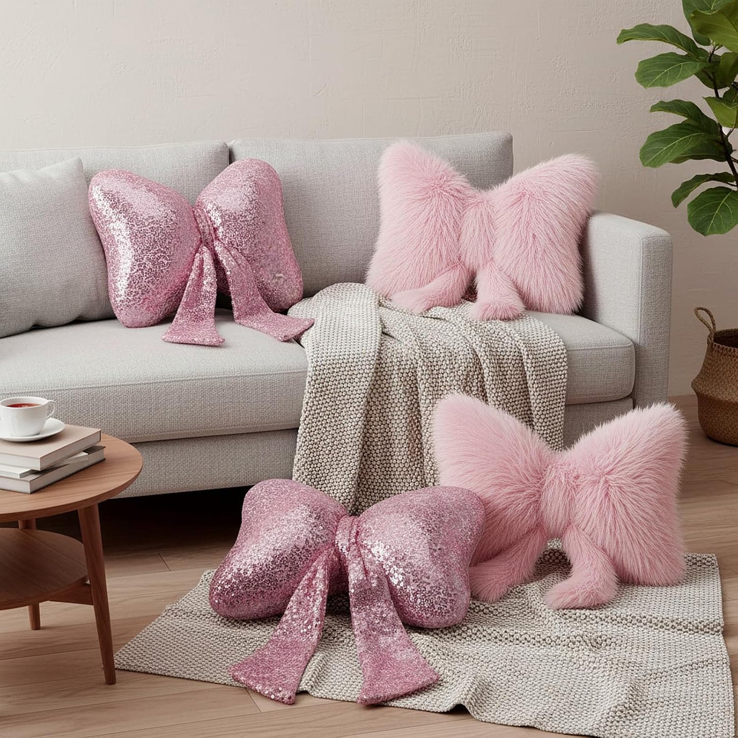 2 Pcs Pink Bow Pillow Bow Shaped Decorative Throw Pillow Soft Cute Cushion for Bed Couch Living Room Decor Women Gift (Sequins,11.5 x 9 Inch)
