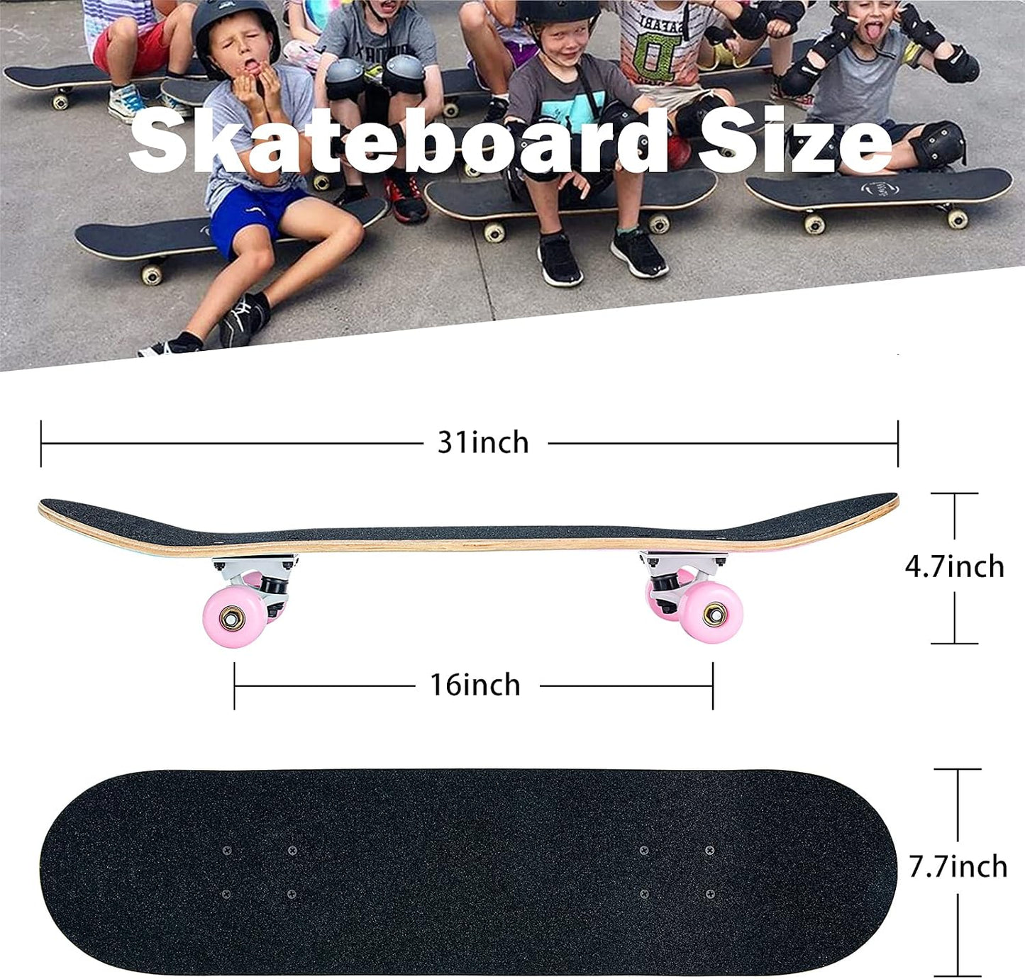 Skateboard,31 x 8 Inch Complete Skateboard, 8-Layer Maple Wood Deck Double Kick Standard Skateboards for Kids, Teens, Adult, Beginner