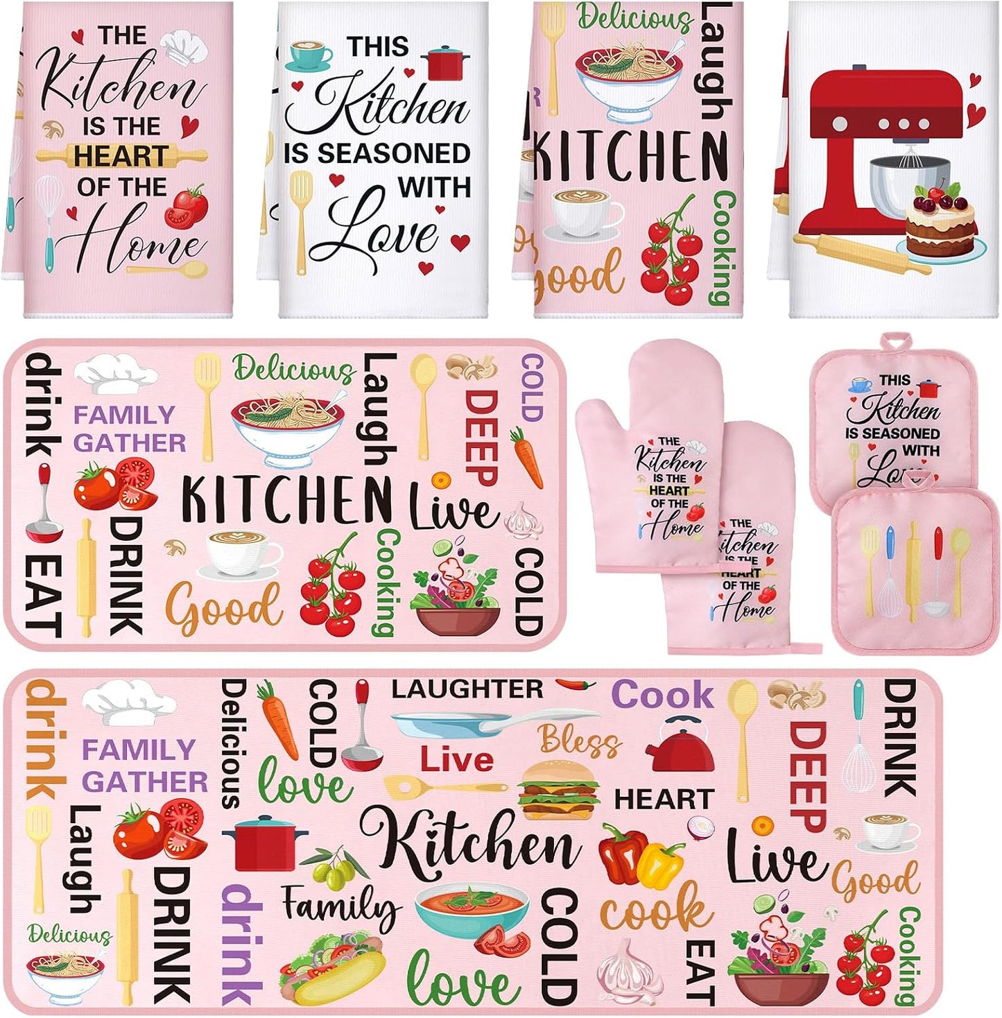 Fourluoo 10 Pcs Cuisine Pink Kitchen Decor and Accessories Set Pink Kitchen Towels Rugs Pot Holders Oven Mitts for Chef Cooking Baking Mom Housewarming Gifts
