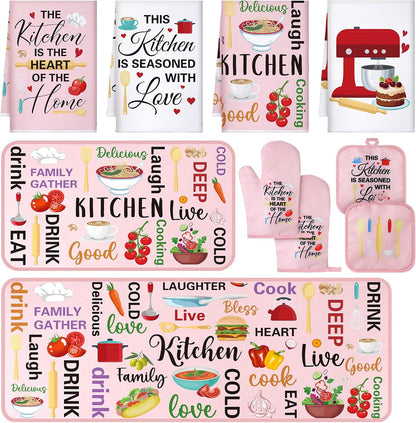 Fourluoo 10 Pcs Cuisine Pink Kitchen Decor and Accessories Set Pink Kitchen Towels Rugs Pot Holders Oven Mitts for Chef Cooking Baking Mom Housewarming Gifts