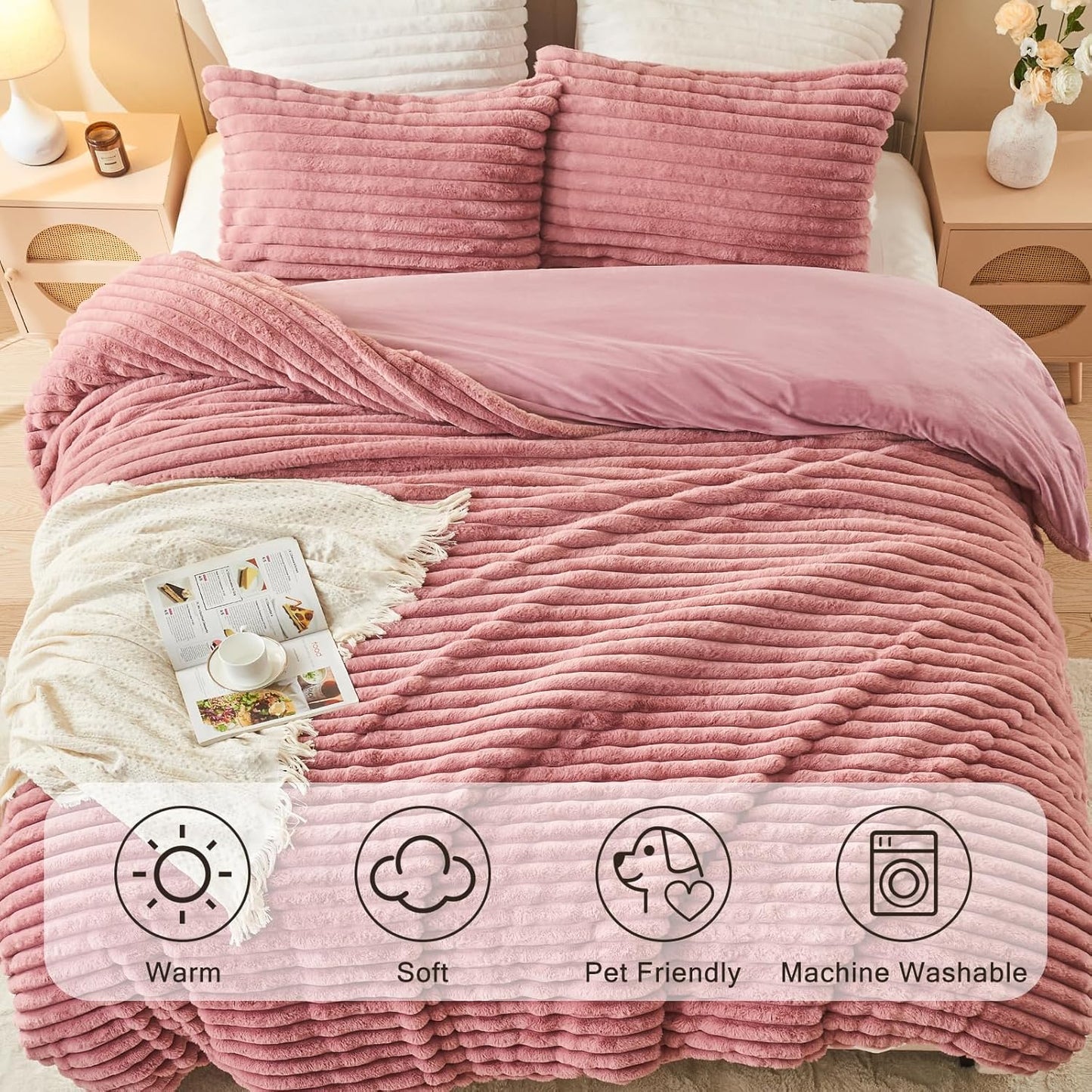 EMME Faux Fur Duvet Cover Queen Size, 3 Pieces Ultra Soft Fluffy Comforter Cover, Cozy Warm for Winter, Luxury Elegant Shaggy Striped Design Bedding, 1 Duvet Cover & 2 Pillow Shams (Queen, Old Pink)