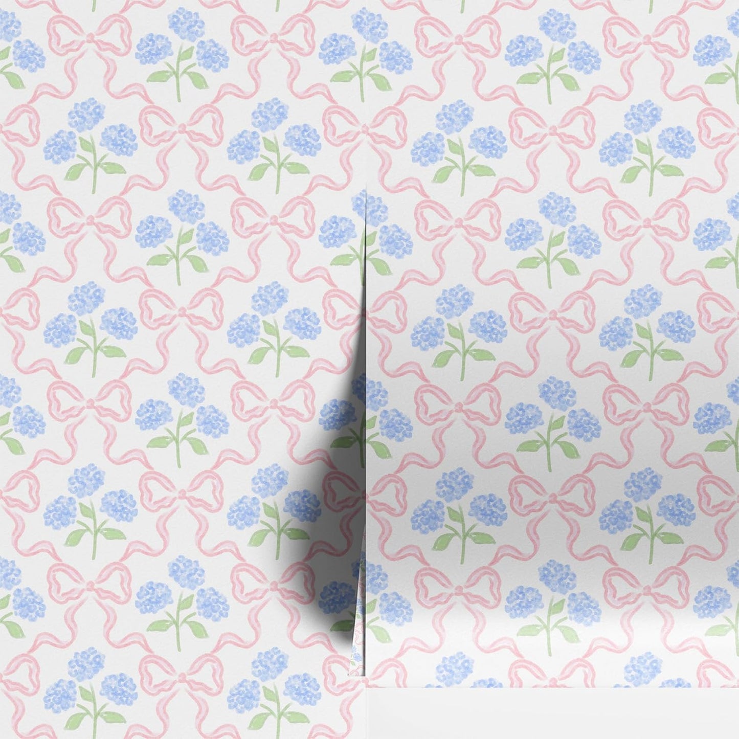 Peel & Stick Wallpaper 17.7''x118.1'' - Simple Grid Bow- Floral Delicate Pastel Flowers Feminine Hydrangea Blue Pink White Home Decor Removable Wallpaper