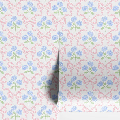 Peel & Stick Wallpaper 17.7''x118.1'' - Simple Grid Bow- Floral Delicate Pastel Flowers Feminine Hydrangea Blue Pink White Home Decor Removable Wallpaper