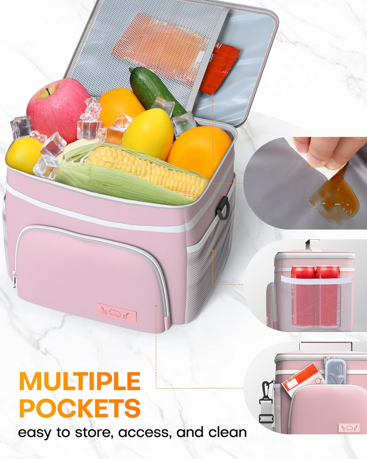 HOTOR Insulated Lunch Box for Men & Women - Leak-Proof Cooler Lunch Bag with 4 Pockets, Adjustable Strap, Ideal for Work, Picnic, Travel - Medium, Light Pink, 10.2"×6.9"×8.5"