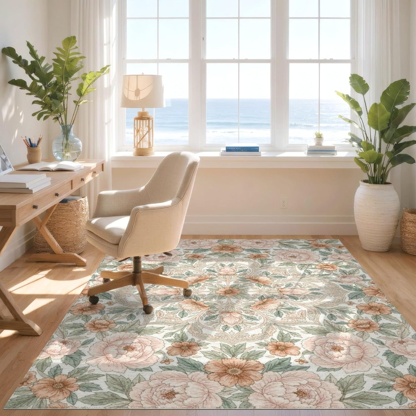 Design&I 8'x10' Easy Clean Traditional Botanical Massive Rug, Peach for King Size Bedroom, Master Suite, Under Bed, Sleek Flatweave Pet Friendly Built-in Grip Mat | 2117940