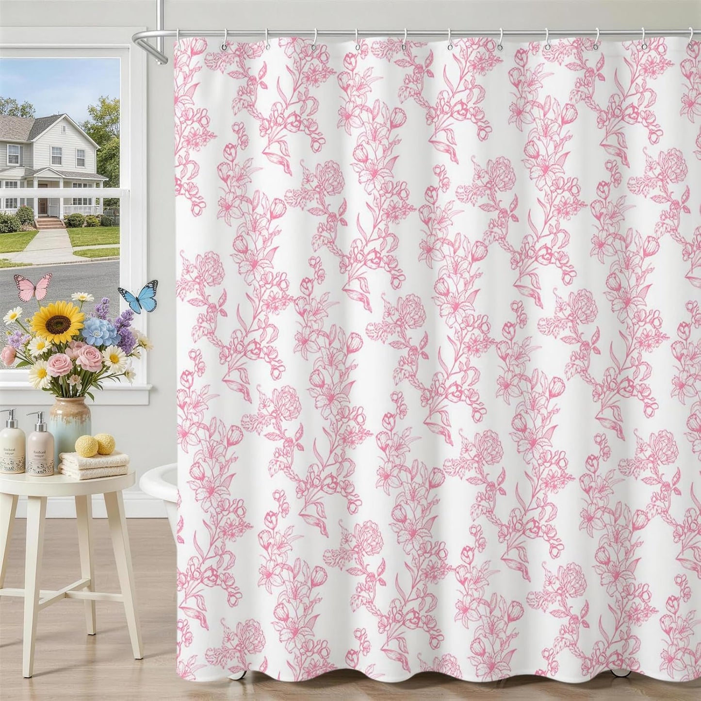Mocsicka Floral Shower Curtain Pink Flower Bathroom Shower Curtain Spring Floral Pink Waterproof Fabric Shower Curtains Bathtub Decor with 12 Hooks 72 X 72 Inch (Pink)