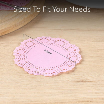 Restaurantware Pastry Tek 4 x 4 Inch Lace Doilies 100 Decorative Tableware Placemats - Disposable Round Pink Paper Table Doilies For Birthdays Or Weddings Table Decor