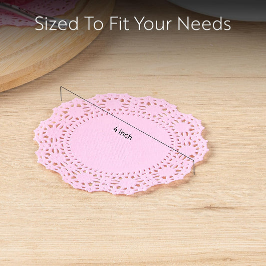 Restaurantware Pastry Tek 4 x 4 Inch Lace Doilies 100 Decorative Tableware Placemats - Disposable Round Pink Paper Table Doilies For Birthdays Or Weddings Table Decor