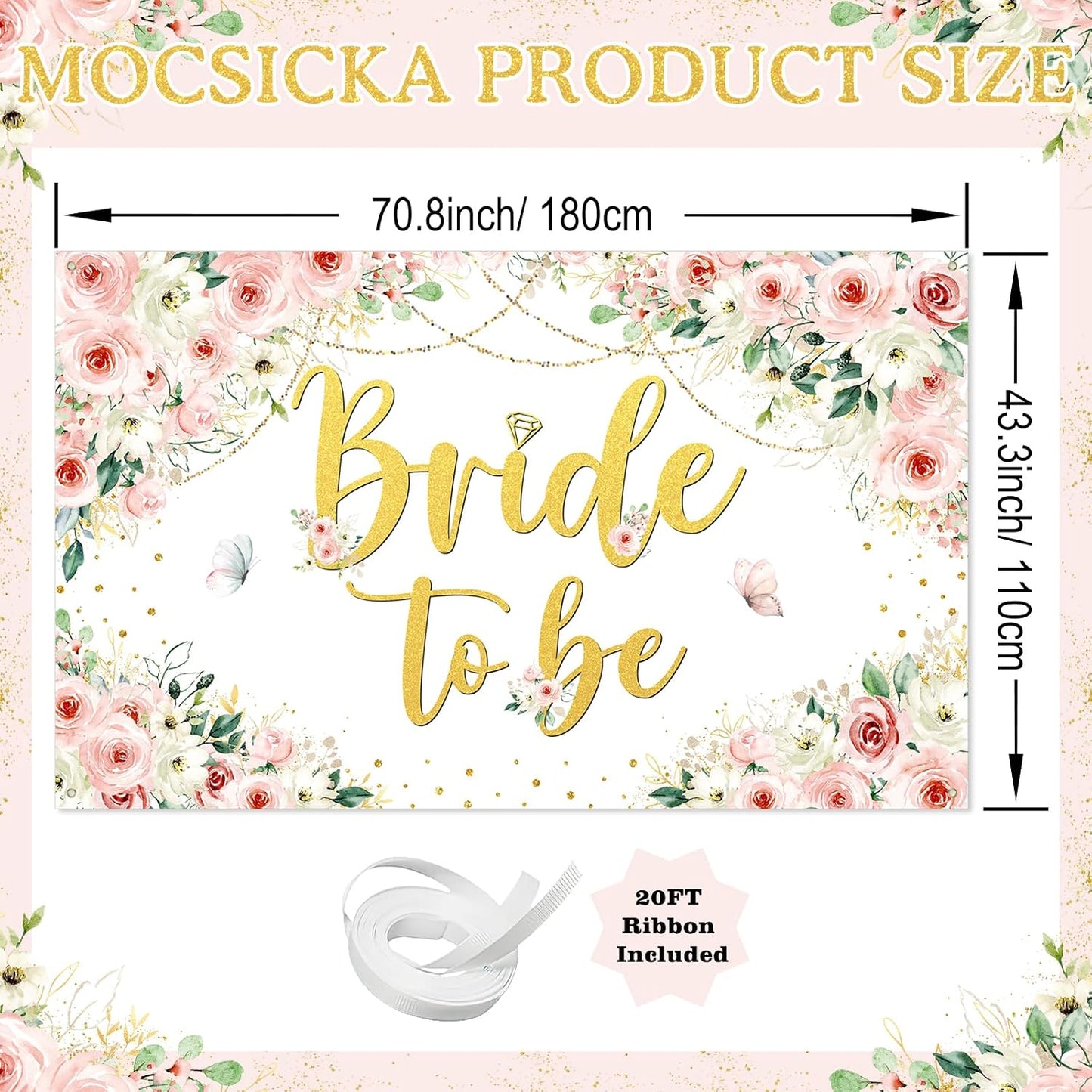 Mocsicka Bridal Shower Backdrop Pink Floral Bride to Be Banner Pink Engagement Bachelorette Party Decorations Photo Booth Props