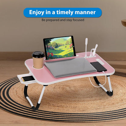 Lap Desk - Foldable Lap Desk with Storage Drawer, Cup Holder & Tablet Slot & DC USB Ports, Versatile Bed Desk, Bed Tray(23.6" L x 15.7" W x 10.6" H,Pink)