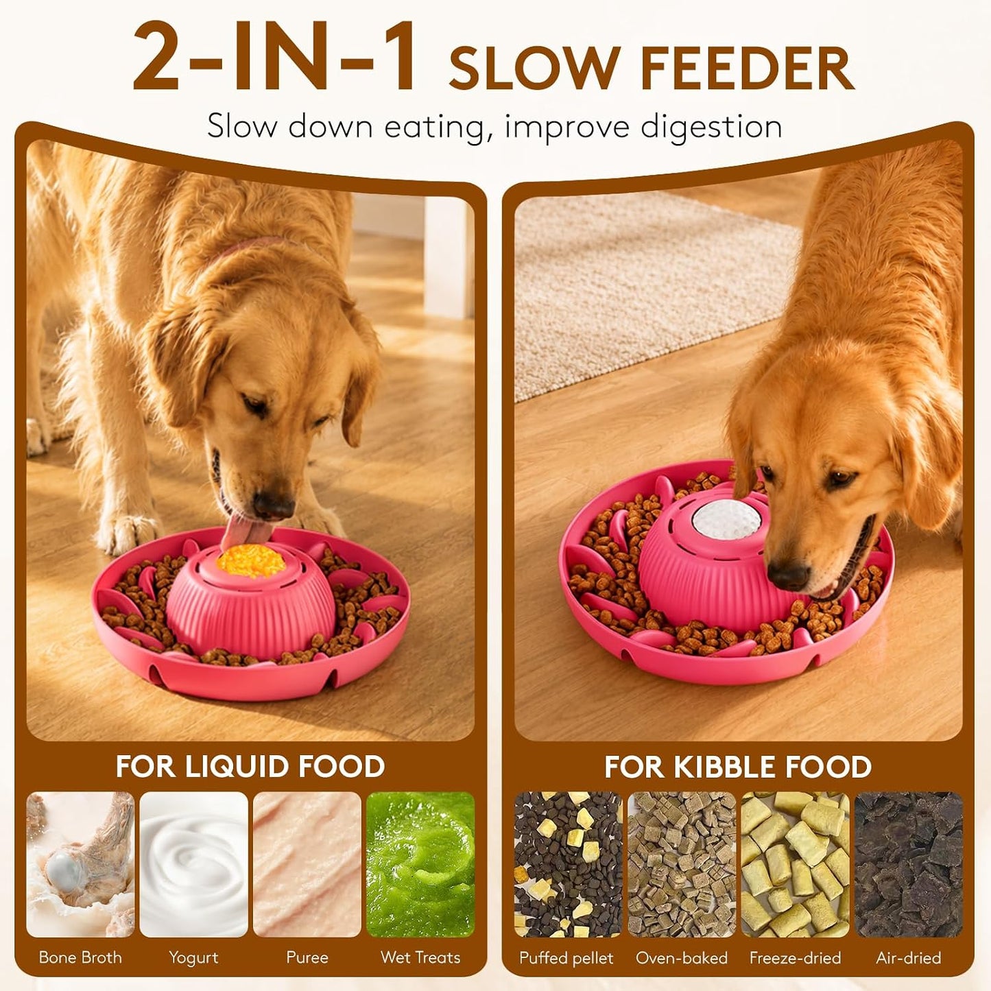 Slow Feeder Dog Bowls 2 in 1 Liquid Treat Dog Lick Mat Bowl – Anti Slip 5‑Cup Large Capacity Liquid and Kibble Food Treat Dispenser for Slowing Down Eating for Large Medium Small Dogs and Cats (Pink)