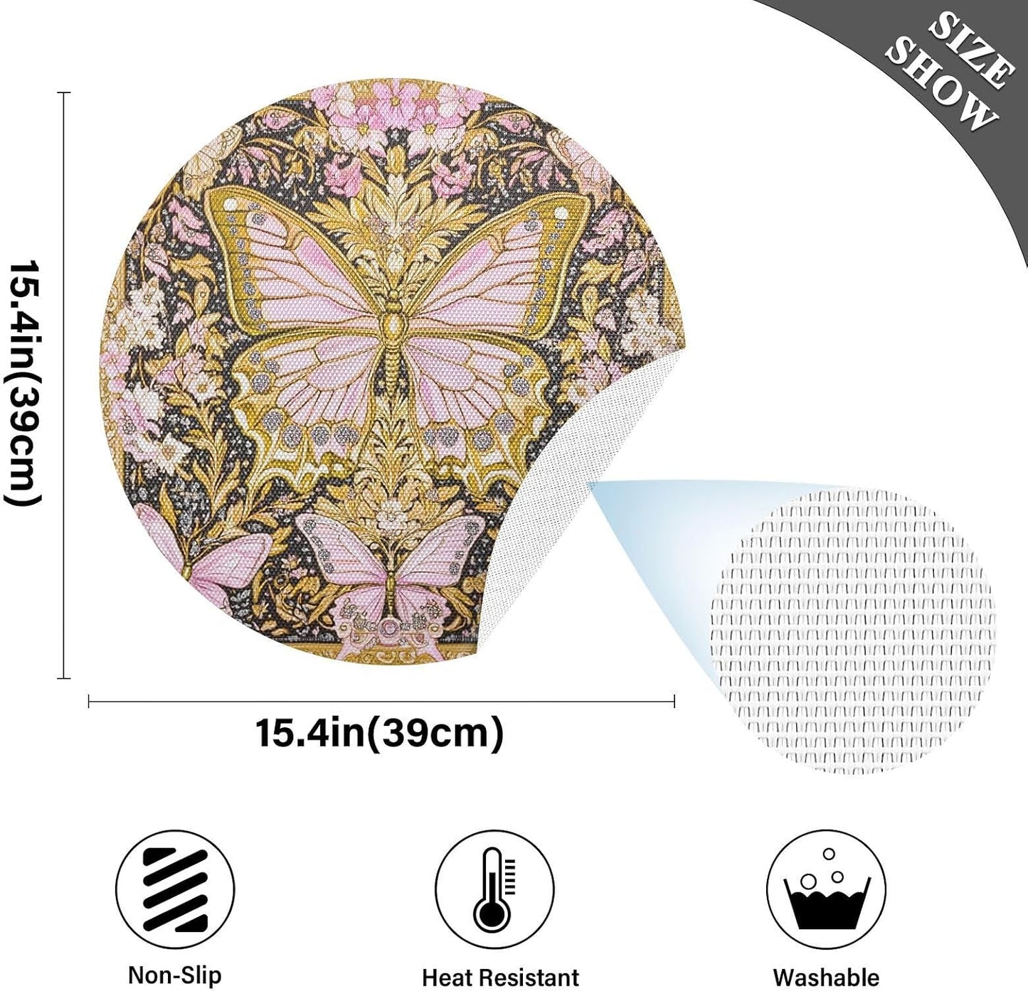 Retro Butterflies Pattern Gold and Peach Round placemates Reversible Quilted placemat Washable Plastic placemats placemats for Dining Table Waterproof placemat Place Settings for 6 for