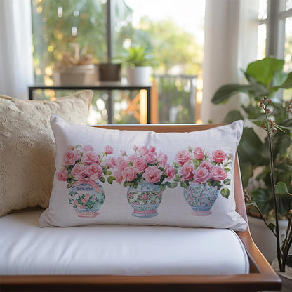 Pink Flowers and Leaves Pillow case, Chinoiserie Floral Pattern Pillow Cover, Flower Rose Case Cushion Cover Couch Sofa Decorative 12x20 inches