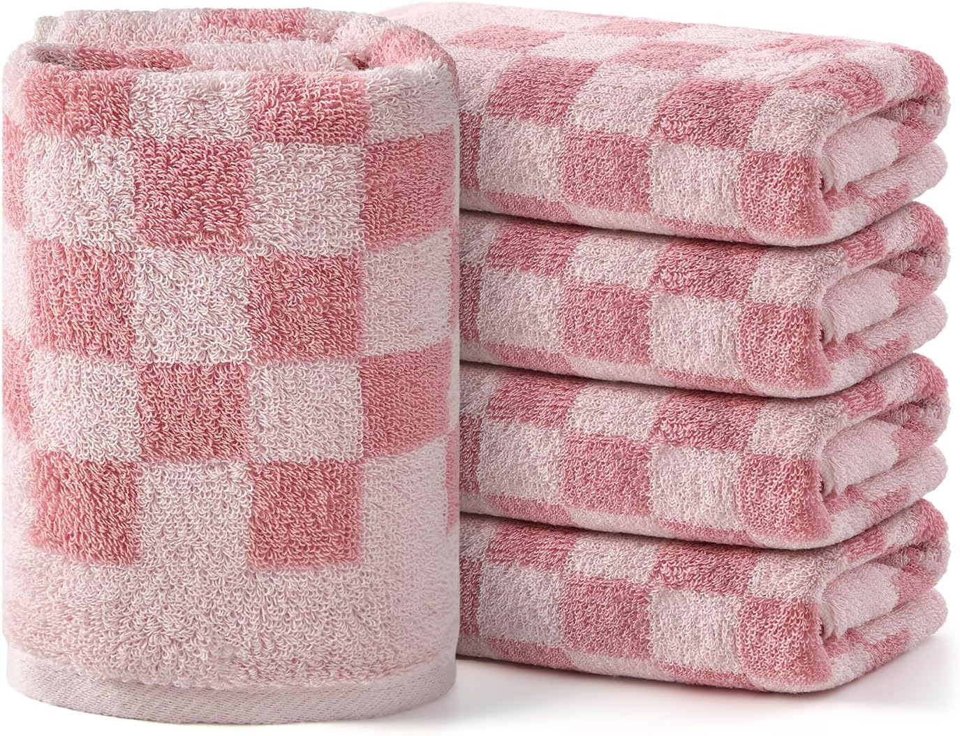 REDKISS 5 Pack Pink Checkered Hand Towel Set - Decorative Hand Towels for Bathroom, 100% Cotton Towel Soft Absorbent, Retro Decorative Bathroom Towel for Kitchen, Gym, and Spa