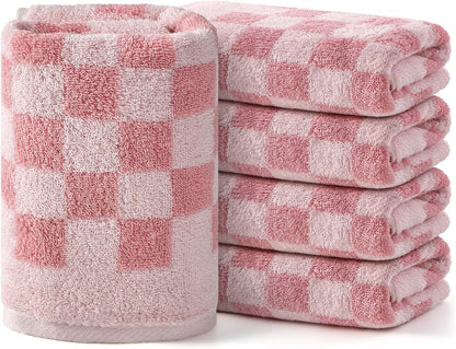REDKISS 5 Pack Pink Checkered Hand Towel Set - Decorative Hand Towels for Bathroom, 100% Cotton Towel Soft Absorbent, Retro Decorative Bathroom Towel for Kitchen, Gym, and Spa