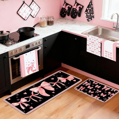 10 Pcs Cute Pink Bow Kitchen Decor and Accessories - Valentines Day Sets 4 Dish Towels 2 Pot Holders 2 Oven Mitts 2 Rugs for Kitchen Bathroom Home Cooking Housewarming Baking Daughter Mom Gift