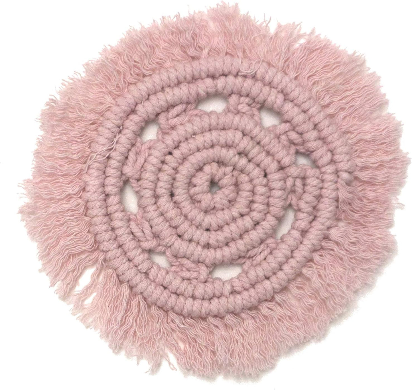Macrame 100% Cotton Coasters Handmade in India - Elegant and Absorbent 6-inch Round Woven Boho Coaster Set with Fringe Tassels for Drinks and Mugs (2, Blush Pink)