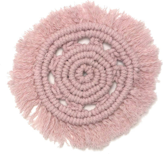 Macrame 100% Cotton Coasters Handmade in India - Elegant and Absorbent 6-inch Round Woven Boho Coaster Set with Fringe Tassels for Drinks and Mugs (2, Blush Pink)