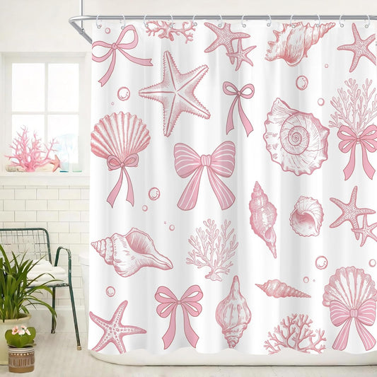 Pink Ocean Beach Seashell 72Wx72H Shower Curtain Cute Bow Starfish Kids Coastal Coral Theme Girls Coquette Preppy Vintage Bathroom Curtain Set Modern Summer Bath Bathroom Accessories Decor