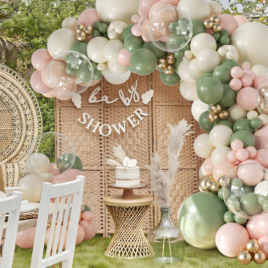 Sage Green Pink Gold Balloon Arch Kit 132Pcs Sage Green Pink Peach Ivory White Gold Clear Balloons for Boho Wildflower Baby Shower Bridal Shower Birthday Party Tea Party Decorations