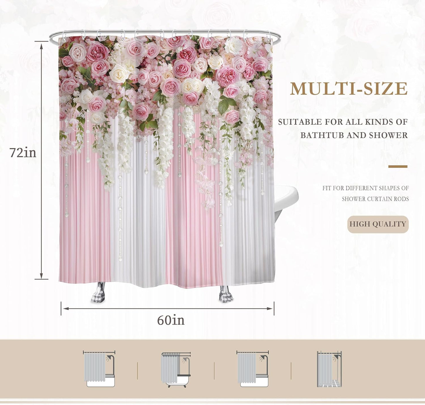 Glawry Pink Floral Shower Curtain,Girly Romantic Spring Blossom Flowers Bathroom Curtains, Girl Women Pink Roses Shower Curtain Set 60Wx72L Inches Bath Accessories Decor Fabric 12 Hooks