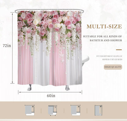 Glawry Pink Floral Shower Curtain,Girly Romantic Spring Blossom Flowers Bathroom Curtains, Girl Women Pink Roses Shower Curtain Set 60Wx72L Inches Bath Accessories Decor Fabric 12 Hooks