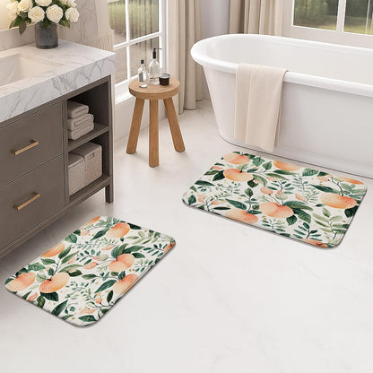 Peach Floral Quick Dry Bath Mat, Nature Inspired Leafy Design Absorbent Non Slip Shower Mat, Summer Memory Foam Washable Bath Rugs for Bathroom Toilet Restroom Decorative 20x32 Inch