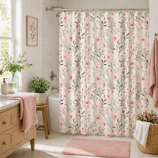 NYMB Pink Shower Curtain, Light Pink Floral with Leaves Shower Curtains for Boho Farmhouse Countryside Cottagecore Bathroom Decor, Waterproof Polyester Fabric Bath Curtain with Hooks, 72 W X 72 H Inch