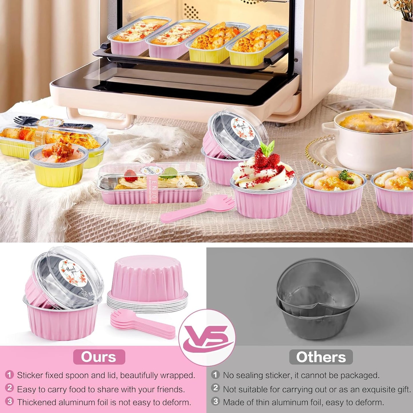 30Pcs Mini Cake Pans with Lids Aluminum Foil, ZOXILEN 5oz Disposable Mini Loaf pans with Lids and Spoons, Small Baking Cups Pie Tins Muffin Pan Cheesecake Containers for Party Pink Round