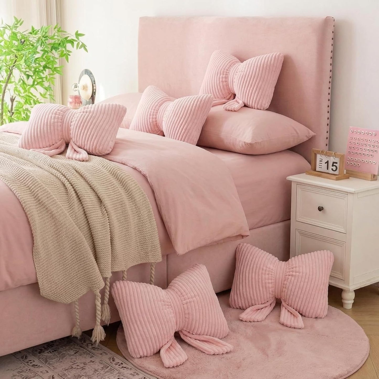 Qunclay Pink Bow Pillow 10" Bowknot Shaped Decorative Striped Bow Pillows Cute Soft Fluffy Throw Pillows Aesthetic Home Decor Plush Pillow for Bedroom Sofa Couch