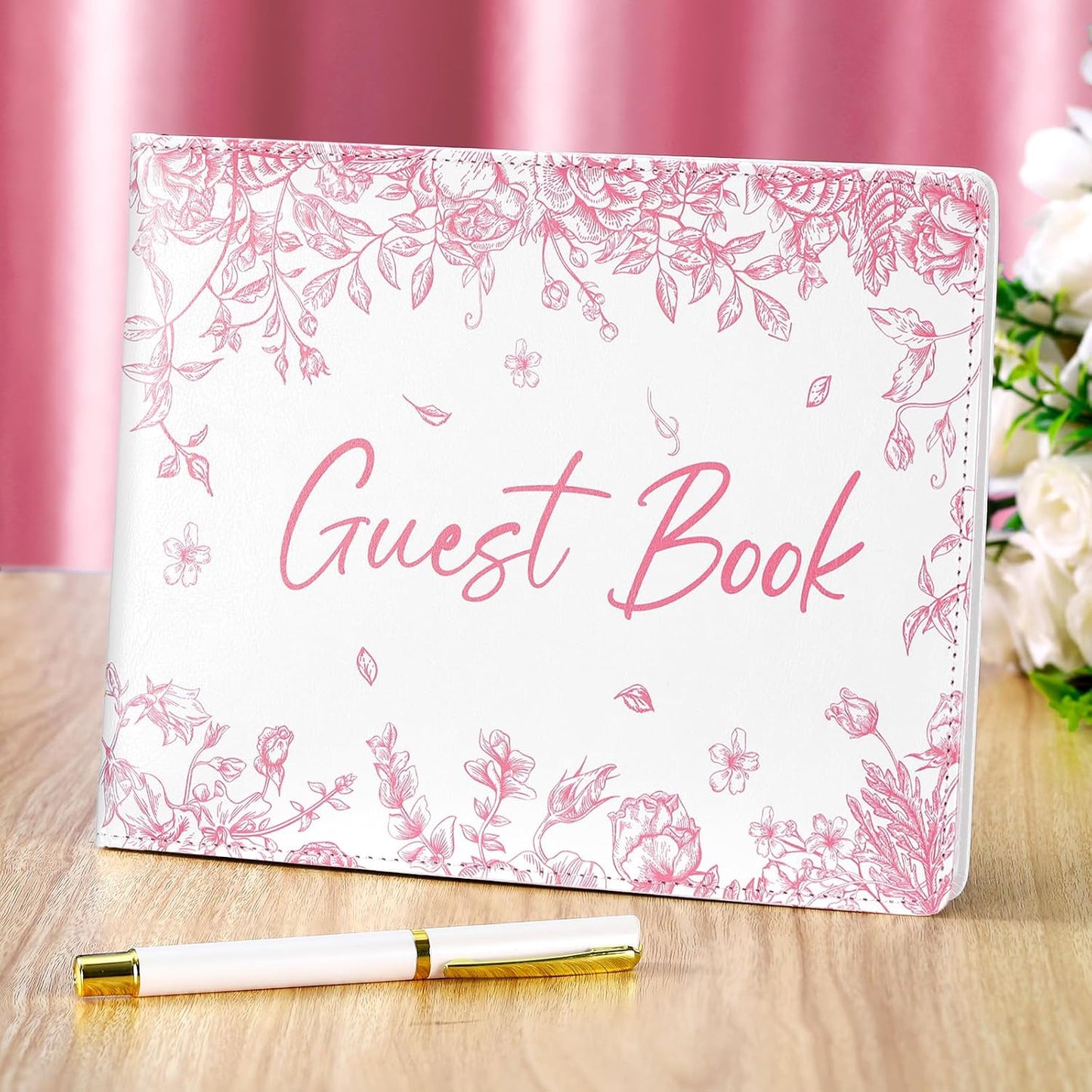 Panelee Wedding Guest Book 7 x 9 Inches for Reception with Pen Set Elegant Guest Book Bridal Shower Guestbook Beautiful Reception Guestbook for Wedding Graduation(Pink,Flower)