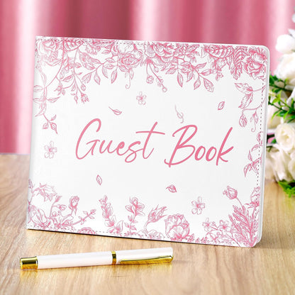 Panelee Wedding Guest Book 7 x 9 Inches for Reception with Pen Set Elegant Guest Book Bridal Shower Guestbook Beautiful Reception Guestbook for Wedding Graduation(Pink,Flower)