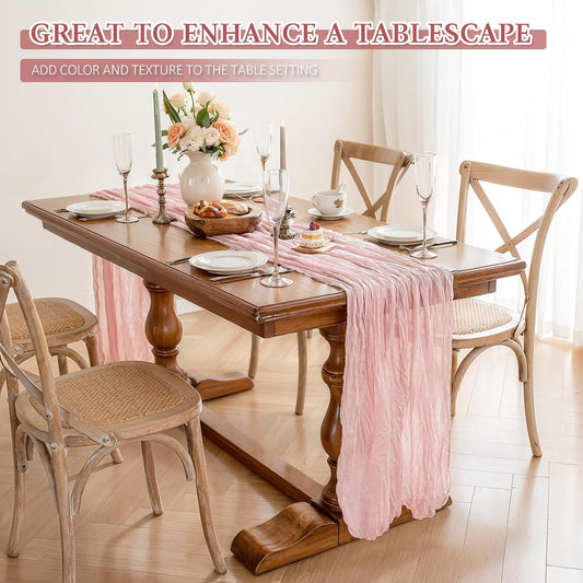 Cheesecloth Table Runner, 10 Ft Boho Rustic Gauze Table Runner Sheer Wrinkled for Centerpiece Decor, Dusty Pink, 1 Pcs