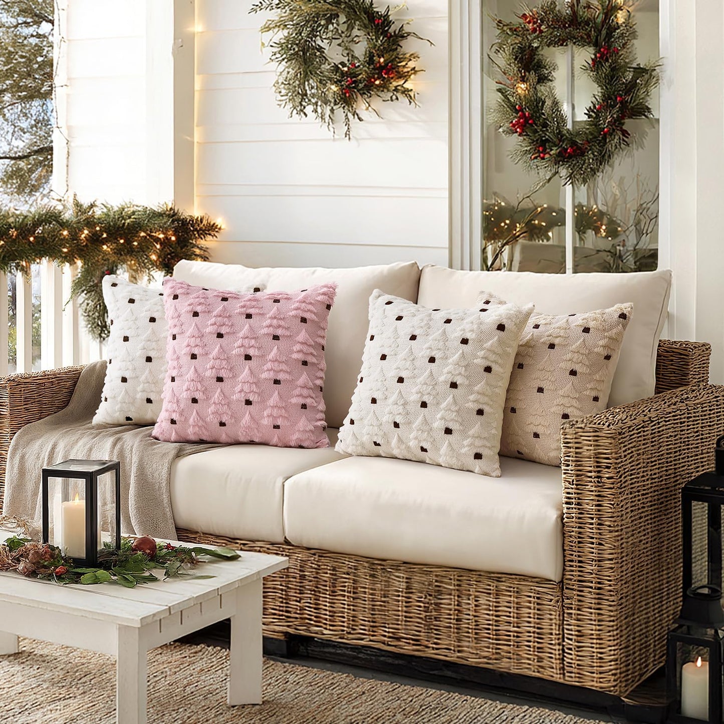 MIULEE Christmas Tree Decorative Pillow Covers Faux Fur Wool Throw Pillows Soft Plush Cushion Covers Set of 2 Xmas Home Decor Winter Holiday for Sofa Couch Livingroom Bed 18x18 Inch Pink