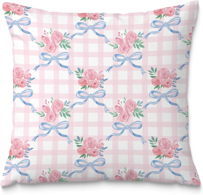 Coquette Blue & Pink Rose Floral Bow Pillow Covers - 18x18, Girly Bedroom Decor, Preppy Room Decor, Coquette Stuff