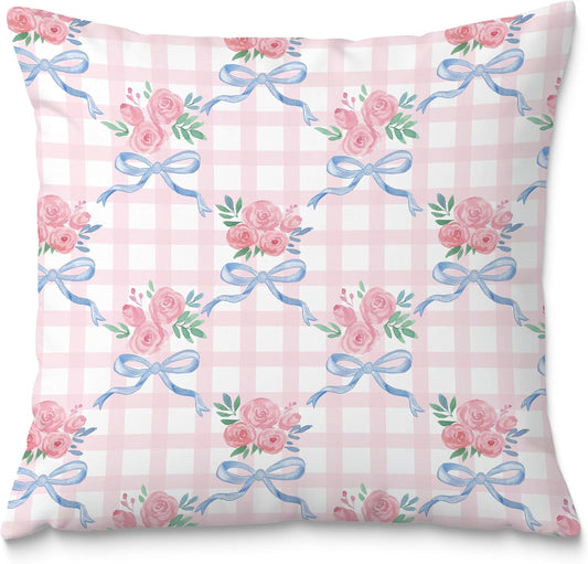 Coquette Blue & Pink Rose Floral Bow Pillow Covers - 18x18, Girly Bedroom Decor, Preppy Room Decor, Coquette Stuff