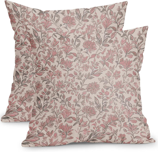 Vintage Floral Pillow Covers 20x20 Inch Set of 2 Antique Pink Gray Flower Outdoor Throw Pillows Neutral Traditional Square Cushion Case Decoration for Couch Home Decor