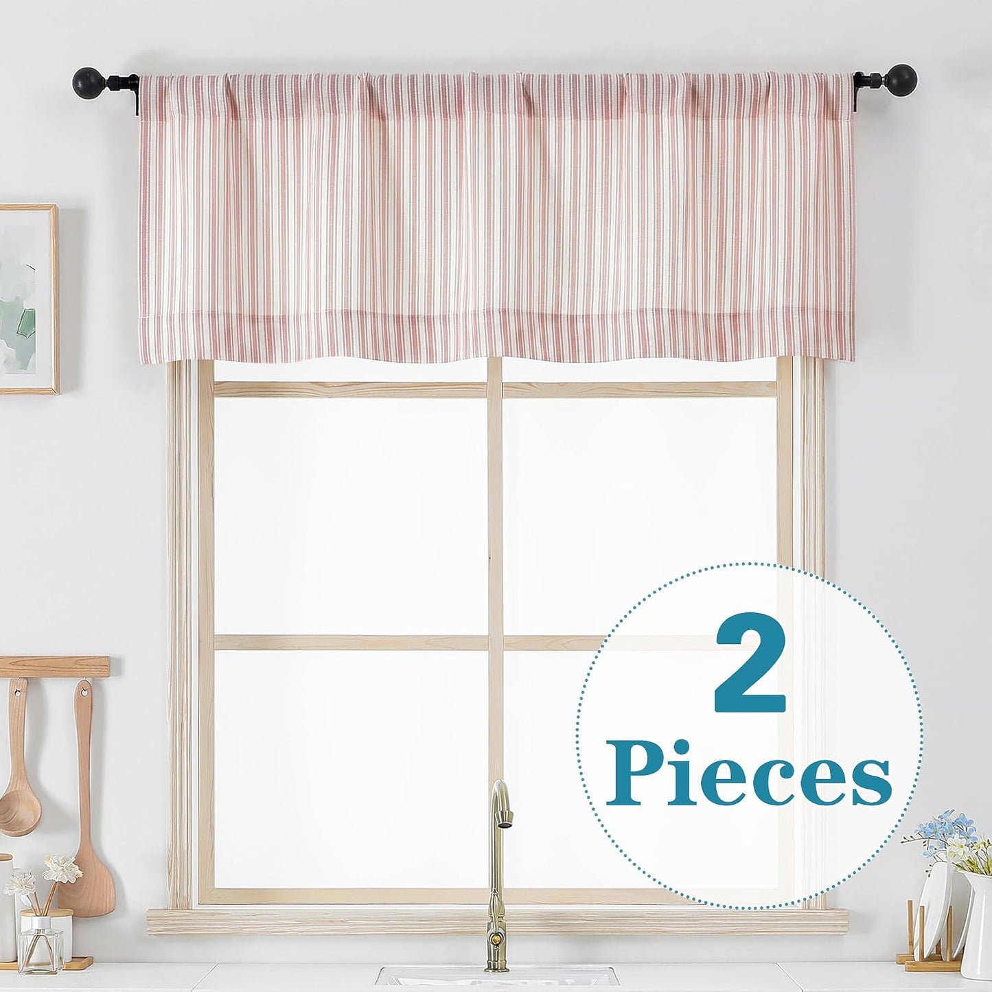 Chyhomenyc Pink Stripe Window Valances - Light Filtering Faux Linen Short Tier Valance Curtains, Rod Pocket Boho Striped Topper Farmhouse Valance for Living Room Bathroom, 52Wx18L, 2 Pieces