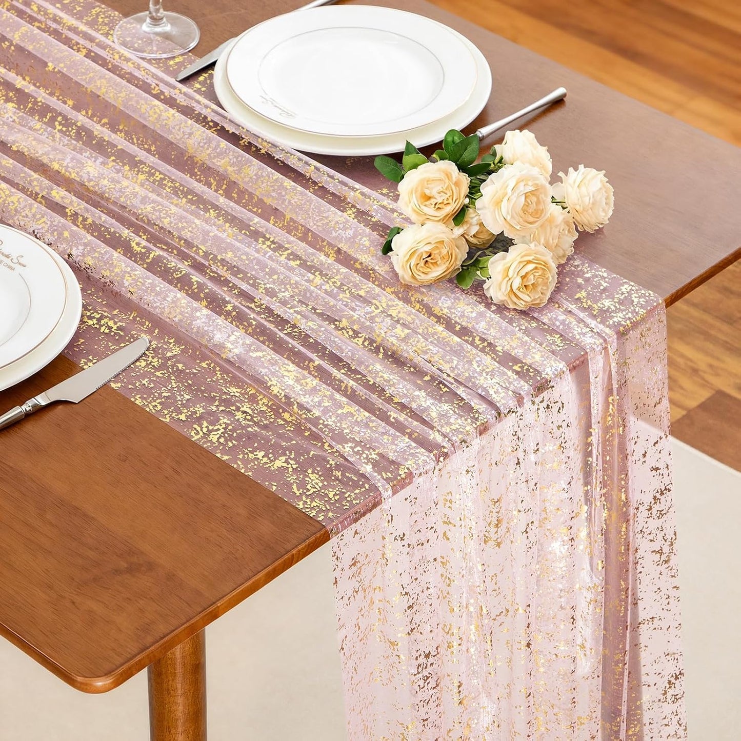SiinvdaBZX Light Pink Table Runner 120 Inch 10 Ft, Sheer Gauze Tulle Sequin Golden Glitter Metallic Foil Table Runners for Dining Wedding Anniversary Party Birthday Christmas Thanksgiving
