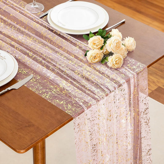 SiinvdaBZX Light Pink Table Runner 120 Inch 10 Ft, Sheer Gauze Tulle Sequin Golden Glitter Metallic Foil Table Runners for Dining Wedding Anniversary Party Birthday Christmas Thanksgiving