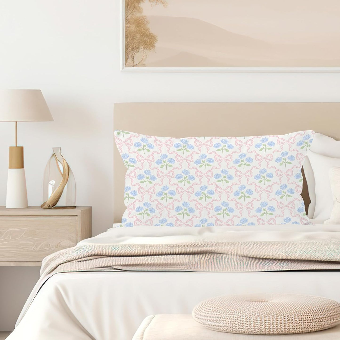 Coquette Pink Bow Hydrangea Floral Pillow Covers 12x20, Coquette Room Decor, Preppy Ribbon Bow Blue Hydrangea Flower Decorative Lumbar Pillow Covers for Girls Bedroom Dorm Home