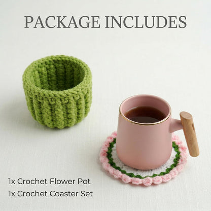 Handmade Crochet Lily Coaster Pink Foldable Flower Design with Pot Transforms from Drink Protection to Decorative Display for Kitchen Table Home Office Gift