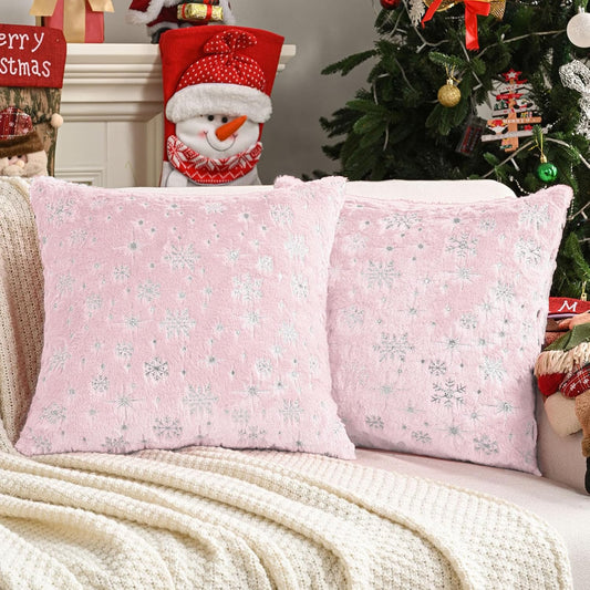 HAUSSY Christmas Throw Pillow Covers 18x18 Set of 2, Soft Faux Fur Pillow Cases Cute Decorative Snowflake Glitter Printed Winter Cushion Case for Xmas Home Decor,Couch Bed,Living Room,Pink