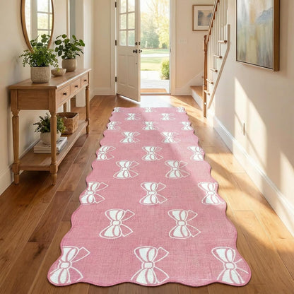 Pink Bow 2x6 Runner Rug for Hallway Entryway, Washable Cute Scalloped Bedside Rug for Living Room, Soft Low Pile Bowknet Rugs for Girls Bedroom Decor, Non Slip Carpet for Dorm Playroom Kitchen
